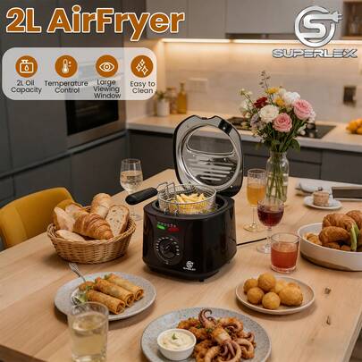 SUPERLEX 2-Liter Electric Deep Fryer, 2000W Multi-Function Fryer, Stainless Steel Non-Stick Coating Frying Basket Is Easy To Clean, Multi-Mode Temperature Function, Designed For Home Kitchens, Can Be Used For Frying Chicken, French Fries, Grilling