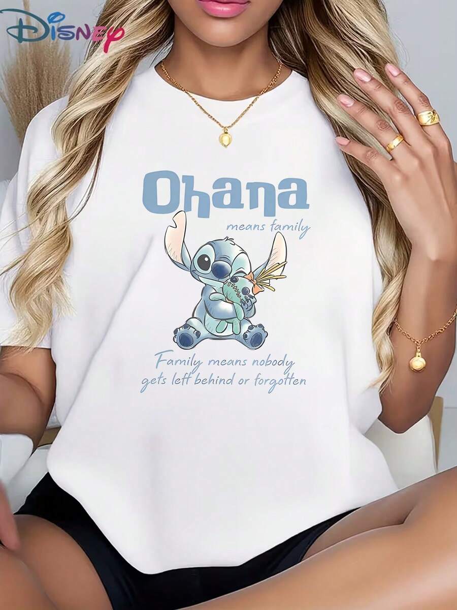 Disney Soft Cotton Women's Loose Pullover T-Shirt, Lilo & Stitch Ohana Family Graphic, Cute Summer Everyday Outfit, Short-Sleeve TeeCrafted From Soft, Comfortable, And Durable Pure Cotton Fabric, This Round-Neck T-Shirt Is An Ideal Choice For The Spring And Summer Seasons. Suitable For A Wide Range Of Occasions-Including Daily Wear, Shopping, Parties, Travel, And Social Gatherings-It Also Makes For An Exquisite Gift. - 白色 - 查看 1