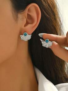 1 Pair Vintage Unique Fan-Shaped Earrings, Dazzling Luxurious Material, Delicate Fan Texture, Paired With Alluring Turquoise, Minimalist Yet Fashionable - Earring - View 12