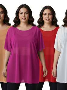 Plus Size Sheer Short-Sleeved Blouse, Regular Length, In Highly Stretchy Knit Fabric. - 黑色 - 查看 3