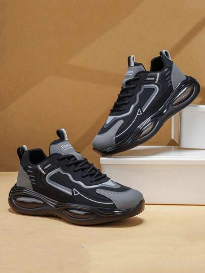 Contrast Color Patchwork Air Cushion Chunky Sneakers, Thick Sole Elevated Casual Sports Shoes For Men
