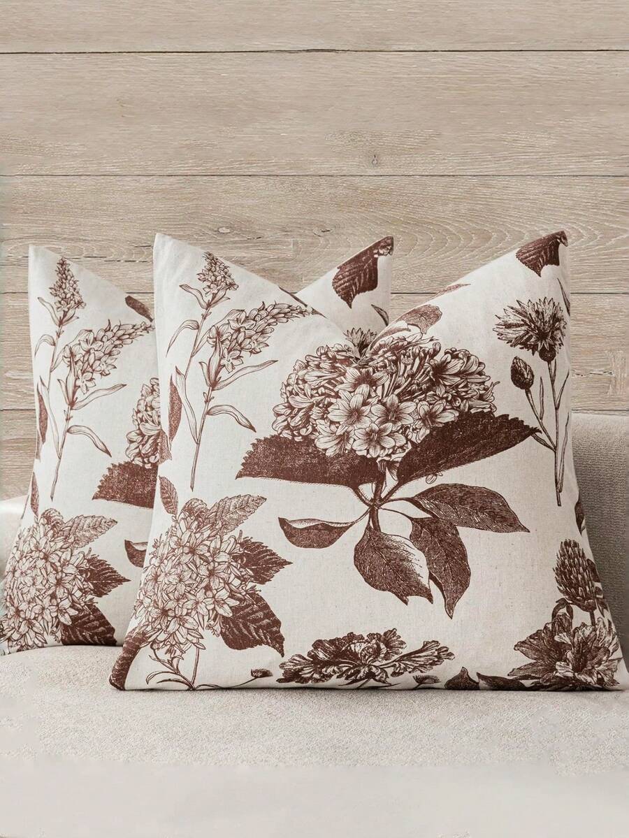 1pc Linen Floral Print Decorative Throw Pillow Case, Vintage Bohemian Style Home Decor For Sofa, Chair, Bedroom, Living Room - Brown - View 1
