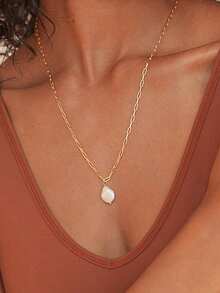 1pc Stainless Steel Women's Necklace, Minimalist Paper Clip Design, Cultured Pearl Pendant, Elegant Wedding Gift Jewelry - Necklace - View 1