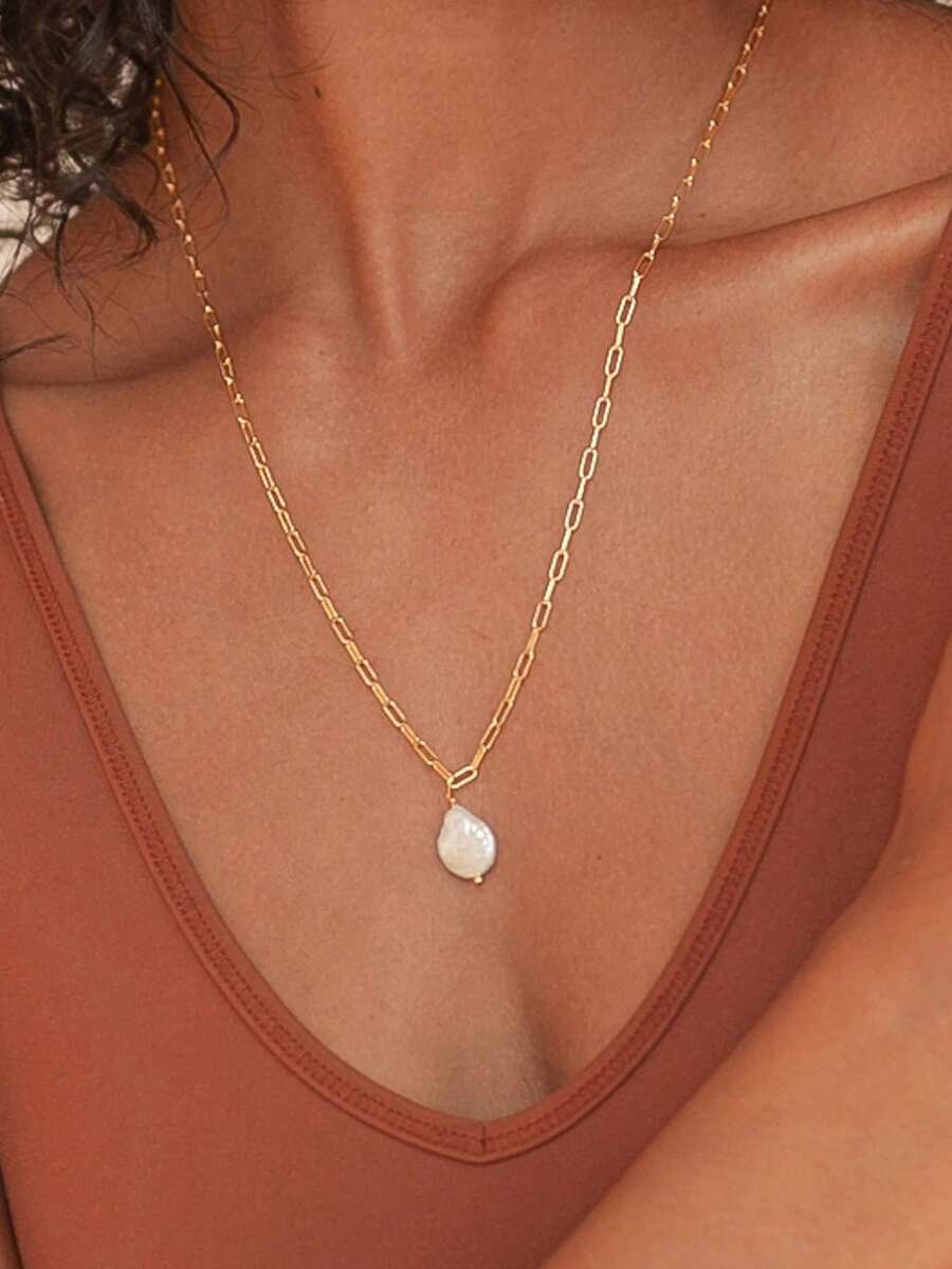 1pc Stainless Steel Women's Necklace, Minimalist Paper Clip Design, Cultured Pearl Pendant, Elegant Wedding Gift Jewelry - Necklace - View 1