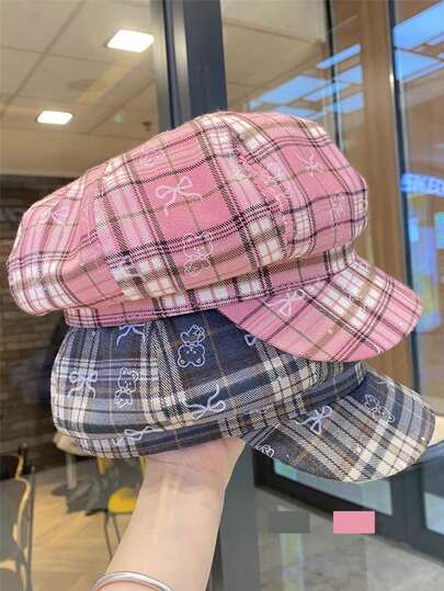 Unisex Sweet Plaid Newsboy Cap, Cartoon Bear & Bow Decor, Retro Driving Cap, Suitable For Cute & Preppy Style
