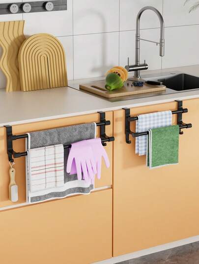 1pc Kitchen Cabinet Towel Bar - Double Towel Rack (For Towels/Dishcloths) With Practical Hooks. Shower Door Hook Design: Convenient To Use, Space-Saving, Ideal For Home Organization.