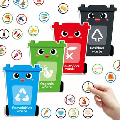 hoojojo 44件套垃圾分类毛毡材料套装，主题丰富，课堂互动道具，英语词汇学习，创意垃圾桶教学辅助工具，适用于家庭、教育、课堂游戏，返校季新品