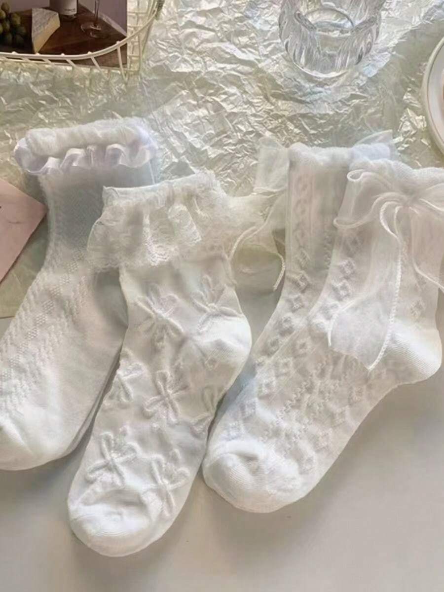 2 Pairs/4 Pairs Women Lace Trim Mid-Calf Socks, Casual School Style Socks, Home & Travel Socks - White - View 1