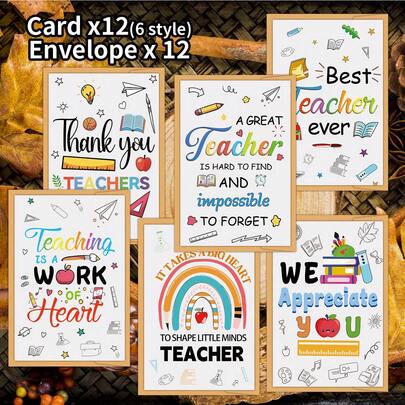 12 Peças Cartões de Agradecimento para Professores com Envelopes - Cartões de Agradecimento Versáteis para Professores, Perfeitos para Dia do Professor, Formatura, Aposentadoria e Feriados, Presentes de Apreciação de Professores