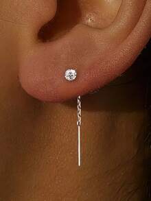 1 Pair S925 Sterling Silver Minimalist Zirconia Tassel Earrings, Delicate Versatile Everyday Wear Earrings For Women - Round - View 14