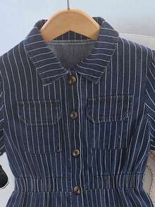 少女海军蓝牛仔连体裤，夏季新款条纹印花纽扣翻领短袖休闲连体裤 - 深色水洗藍 - 查看 4