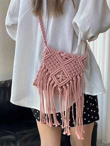 Tassel Woven Bag, Hollow Out Crossbody Bag, Personalized Shoulder Bag With Vacation Vibe - Pink - View 2