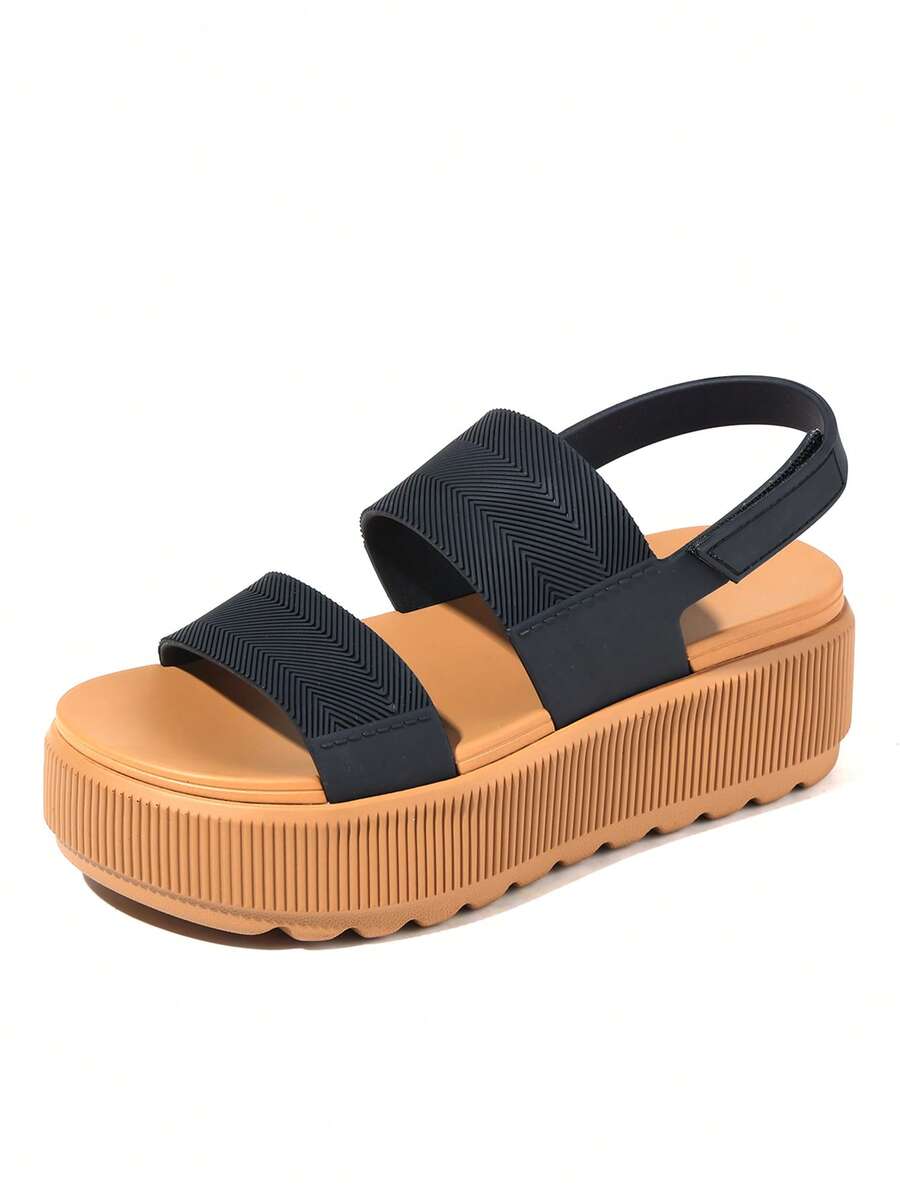 Platform Sandals For Women Round Toe Hook And Loop Strap Slip On Slides Strapy Flip Flops Casual Slippers Party Vacation Walking Beach Indoor Outdoor Spring Festival Womens Summer Sandals  Black Tan Sandals - Nâu đen - Xem 1