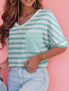 Acelitt Sky Blue Striped V-Neck Casual T-Shirt With Pocket - Multicolor - View 2