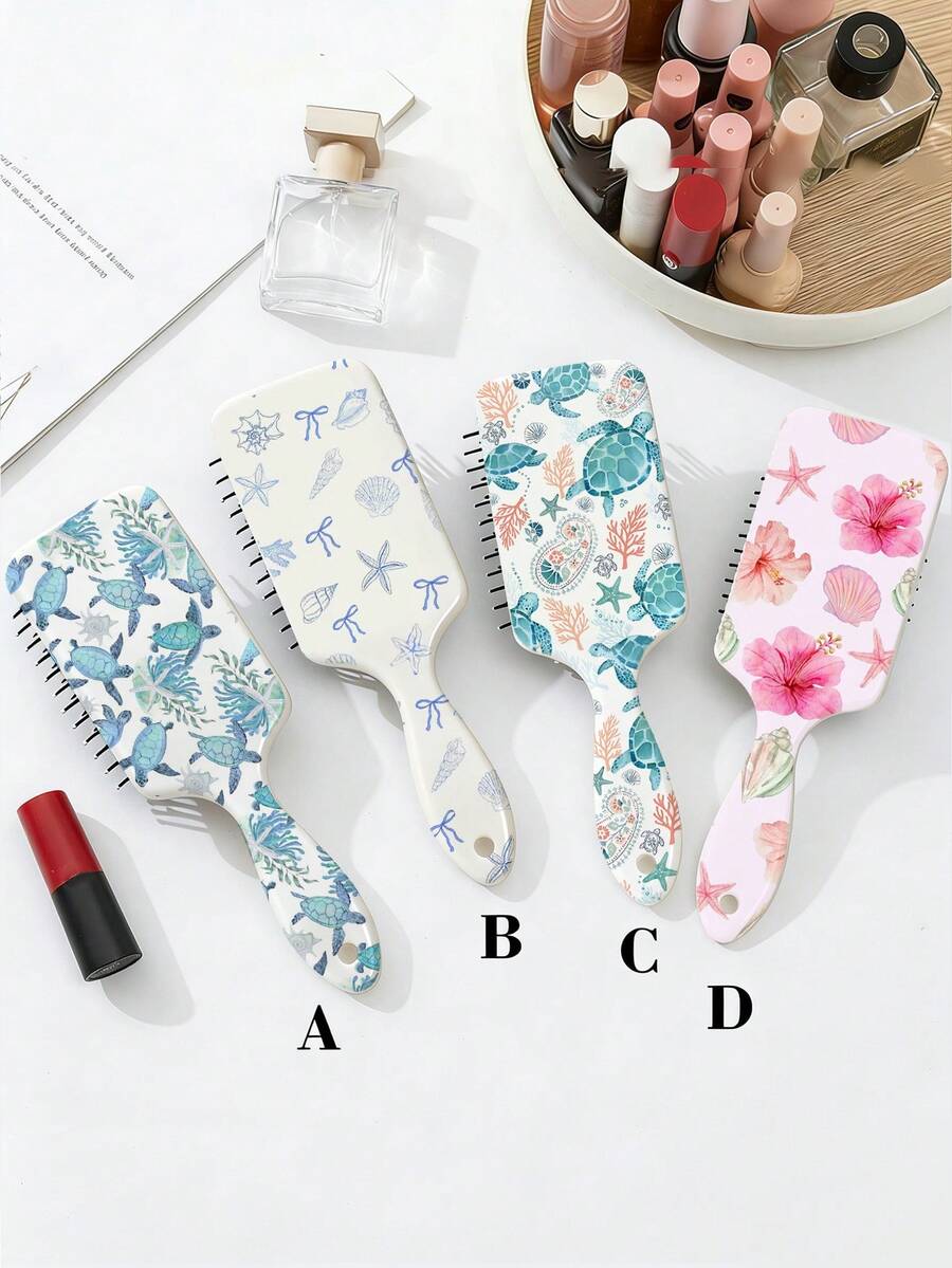1pc Summer Blue Sea Turtle Pattern Hair Straightening Air Cushion Comb, College Style Ocean Shell Pattern Large Massage Ventilated Handheld Brush, INS Floral Comb, Birthday & Holiday Gift For Family And Friends - Multicolor - View 1