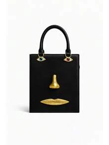High-End Fashion Genuine Leather Women's Handbag With Personalized Portrait Pattern Vintage Tote Bag - 黑色 - 查看 13