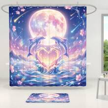 1pc/4pcs Magical Cartoon Dolphin & Crescent Moon Pattern Bathroom Decor Shower Curtain Set, Free 12 Hooks Included, Elegant Holiday Atmosphere, Bathroom Mat, U-Shaped Floor Mat And Round Toilet Mat, Suitable For All Scenarios Bathroom Set - C - View 5