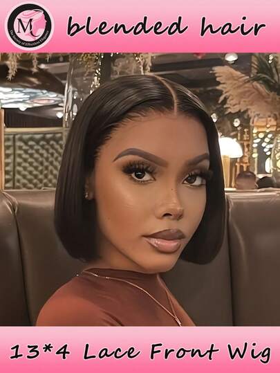 13X4 透明蕾丝前假发 短直波波头假发 - 180% 密度混合发丝，可随意编织，无需胶水，自然发际线，适合日常派对，6-16 英寸，自然黑（混合假发 - 真人发丝与合成纤维混合）真人发混合假发/女士真人发混合假发/真人发混合蕾丝前假发/无需胶水假发/漂白发结/蕾丝假发/化妆舞会/万圣节