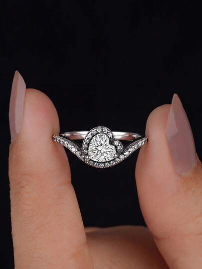 1 chiếc nhẫn hình trái tim thanh lịch đính đá Zirconia, nhẫn bạc 925 kiểu cổ điển dùng cho tiệc sinh nhật, trang sức thời trang, quà tặng sinh nhật, quà tặng Giáng sinh cho phụ nữ.
