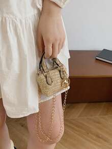 Straw Woven Mini Chic Handbag, Jewelry Pouch, Beach Travel Chain Shoulder Bag - Khaki - View 3