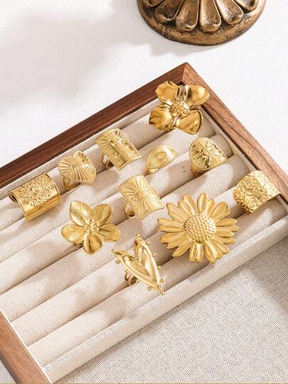 11pcs/7pcs/4pcs/1pc Stainless Steel Exaggerated Open Ring, Sunflower Multi-Element Various Designs, 18K Gold Plated, High-End Rings For Daily Wear And Holiday Gifts