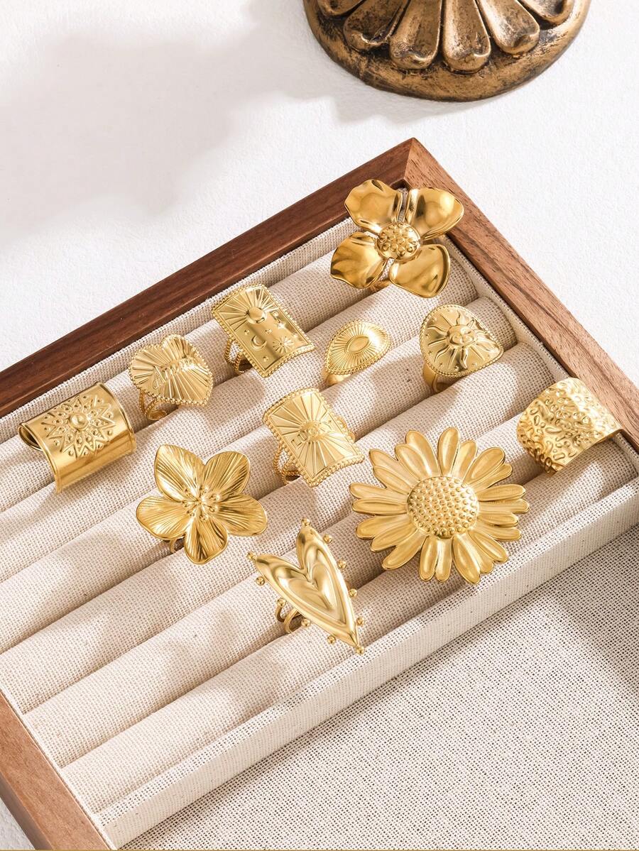 11pcs/7pcs/4pcs/1pc Stainless Steel Exaggerated Open Ring, Sunflower Multi-Element Various Designs, 18K Gold Plated, High-End Rings For Daily Wear And Holiday Gifts - Yellow Gold - View 1