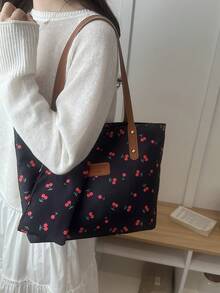 樱桃印花图案甜美风手提包 女包 新款大容量单肩包 通勤腋下包 赠送小包 - 黑色 - 查看 6