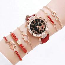 SOKI SOKI 一套时尚休闲石英表，心形罗马数字表盘搭配树叶图案表带，适合日常佩戴、生日礼物、返校礼物、感恩节礼物、情侣假期礼物，最佳礼品（不含礼盒） - 紅色 - 查看 2