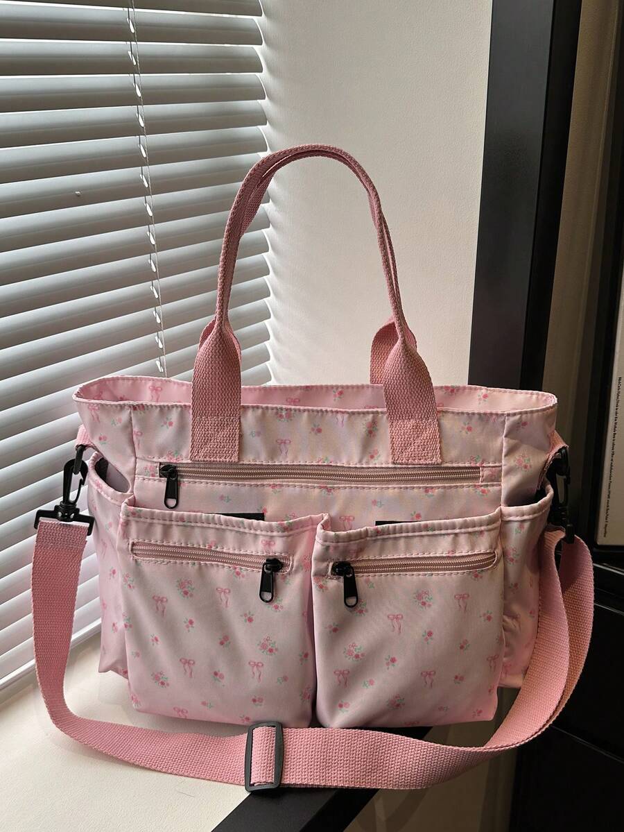 Tas jinjing bahu minimalis modis berkapasitas besar dengan banyak saku, cocok untuk sekolah, kerja, perjalanan, dan bisnis. - Berwarna merah muda - View 1