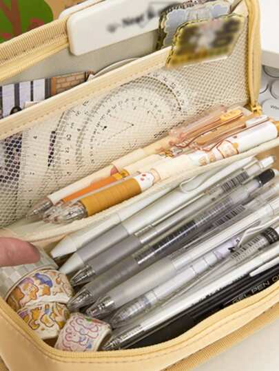 1pc Zipper Closure Large Capacity Pencil Case, Suitable For Office, School Students, New Arrival Cute Stationery Pouch, Back To School, Study Supplies