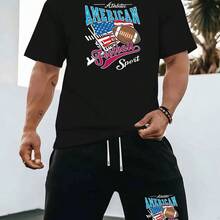New Summer Men'S Casual Sports Suit Round Neck T-Shirt Shorts, Knitted Fabric, American Football Sport USA Flag Football Retro Print,  And Fashionable, Comfortable And Breathable, Sports Leisure, Suitable For Outdoor Activities, Print Summer Two-Piece Set. - màu đen - Xem 2