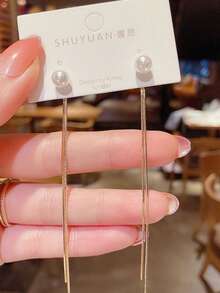 1 Pair Silver/Gold Faux Pearl Earrings, Sparkling Long Tassel Earrings, Bridal Party Jewelry, Wedding Gift, Suitable For Wedding Reception, Church Ceremony, Bridal Look, Anniversary - Multicolor - View 4