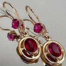 1 Pair Classic Elegant Red Oval Pendant Earrings, Inlaid With Synthetic Zirconia, Exquisite Wedding Accessory, Suitable As Christmas And Birthday Gift - Gold - View 2