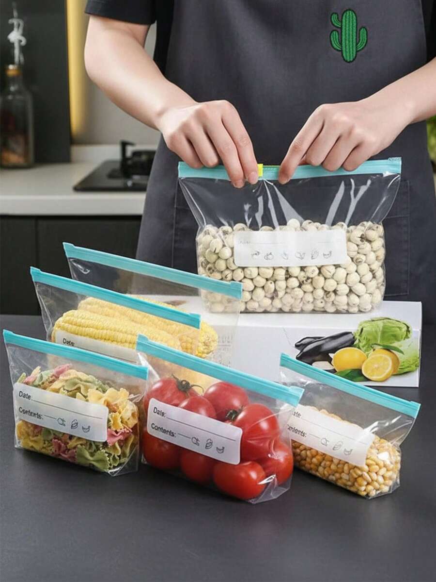 45入防漏自封食品儲存袋，冷凍密封儲存袋，透明PE拉鍊袋，可重複使用，適用於水果、蔬菜、三明治、肉類及其他食物，適合廚房收納與食物保鮮