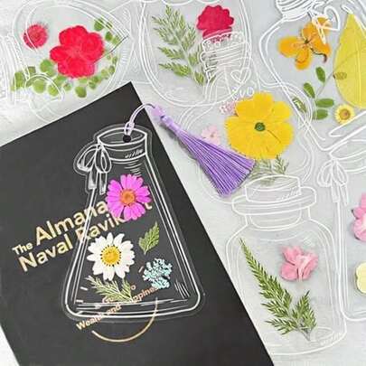 42Pcs Transparent Dried Flower Bookmarks Set, Includes 40Pcs Large Size Handmade DIY Blank Bookmarks, 2Pcs Open Stickers (Pressed Flowers Excluded)