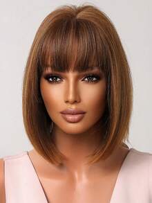 Elegant Stright Wig With Short Bangs High Temperature Fiber Rose Net Cap Versatile Styling - Suitable For Cosplay, Parties, And Music Festivals - màu nâu - Xem 5
