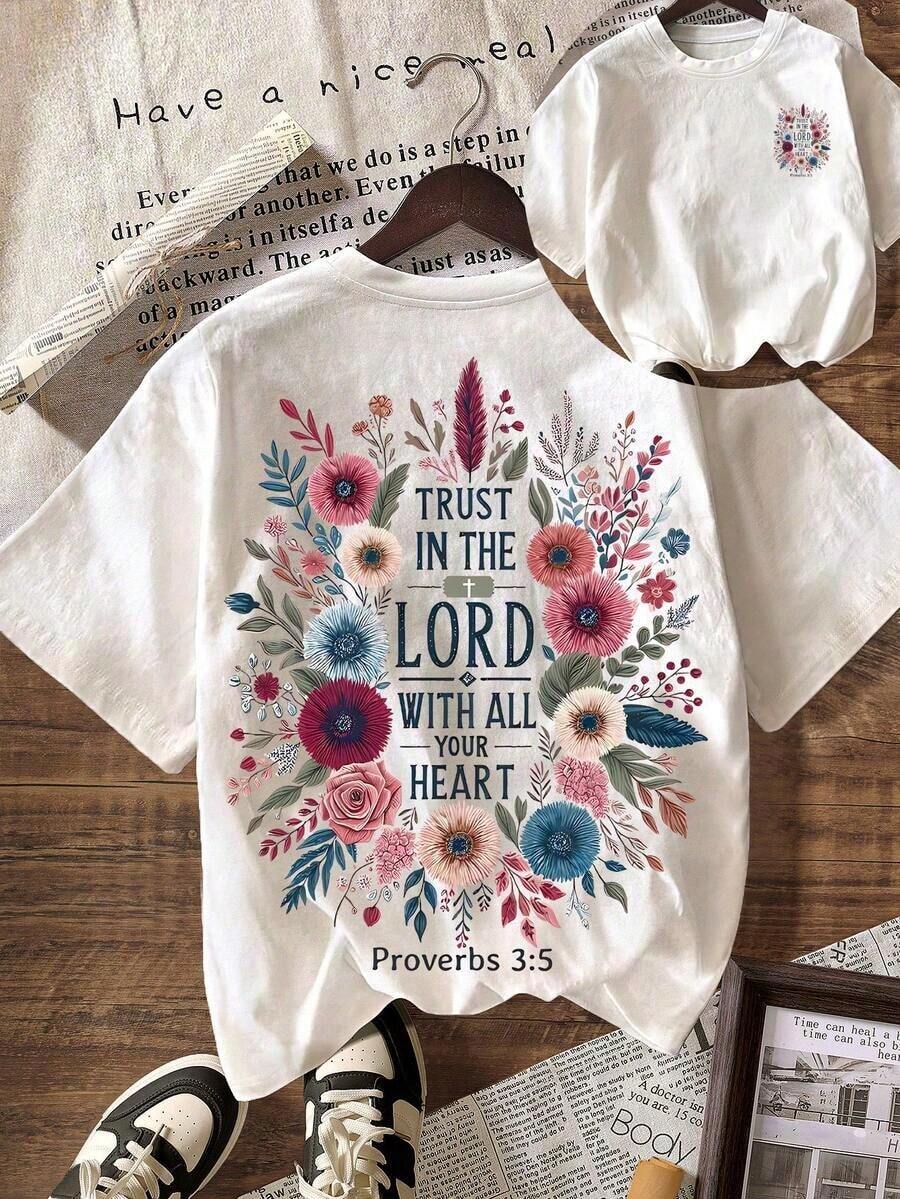 Camiseta de manga corta casual de mujer con estampado floral y eslogan, negro de verano - Blanco - Ver 1