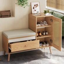 Shoe Cabinet, Rattan Hall Bench With Shoe Storage & Seat Cushion – Multifunctional Entryway Bench With Drawers & Open Compartments, One Cabinet Door - Natural - View 4