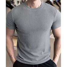 Men's Ribbed Slim Fit T-Shirt (Foreign Style) All Slim Fit None Men's T-Shirts - 灰色 - 查看 3