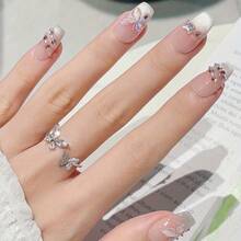 10 piezas de uñas postizas trapezoidales cortas hechas a mano, uñas falsas elegantes de alta gama, uñas de color nude, mariposas de colores, removibles y reutilizables, adecuadas para la vida diaria, el trabajo, la escuela, las citas, las fiestas y los bailes. - L - Ver 7