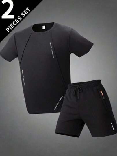 男士休闲运动跑步短袖套装，时尚简约健身户外短裤套装
