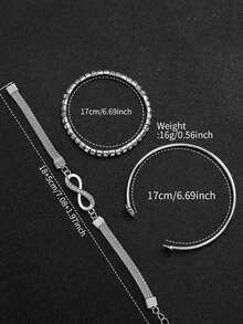 四件套奢华女士石英表套装，浪漫梦幻全钻女士腕表，包含全钻表带石英表、钻石链手链、心形手链和无限符号手链。采用别致的银色和浪漫元素，表圈镶嵌闪耀钻石，表盘生动梦幻，金属表带经久耐用且亲肤。 - 銀色 - 查看 5