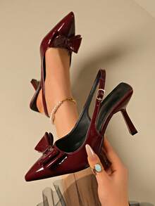 优雅尖头蝴蝶结细高跟凉鞋，性感派对礼服鞋，适合夏季通勤、夜店等场合，酒红色，黑色 - 酒紅色 - 查看 4