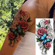 1 pieza Tatuaje temporal de flor de rosa y mariposa, pegatina de tatuaje falso impermeable para brazos y piernas de adultos, unisex - Negro - Ver 3