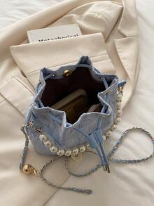 旗袍风格仿珍珠新款中式大容量抽绳单肩手提包 - 藍色 - 查看 11