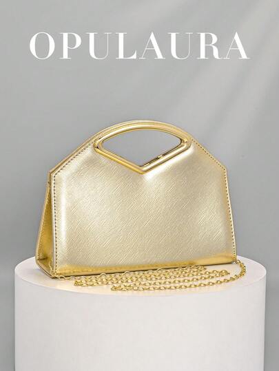 OpulAura 1 Piece Gold Minimalist Women's Evening Bag, Fashionable Elegant Luxury Synthetic Leather Clutch Purse, Distinctive Metal Buckle Decor Makeup Bag, Wallet, Shoulder Bag With Metal Chain, Suitable For Weddings, Celebrations, Parties, Gold Handbag