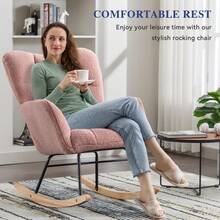 Nursing Rocking Chair, Teddy Glider Chair For Nursery, Comfy Living Room Armchairs With High Backrest For Adults - 粉色 - 查看 6