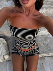 女士夏季沙滩度假性感条纹抹胸上衣和短裤套装 - 黑白條紋 - 查看 3
