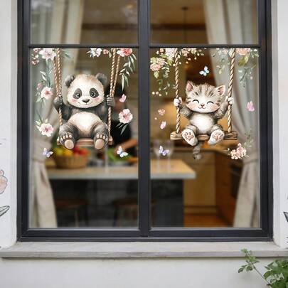 1/3 piezas Pegatinas de ventana con diseños de animales lindos en un columpio, de PVC reutilizable con adsorción electrostática, con diseños de panda y ardilla, adecuadas para dormitorios, cocinas, estudios y decoración del hogar.