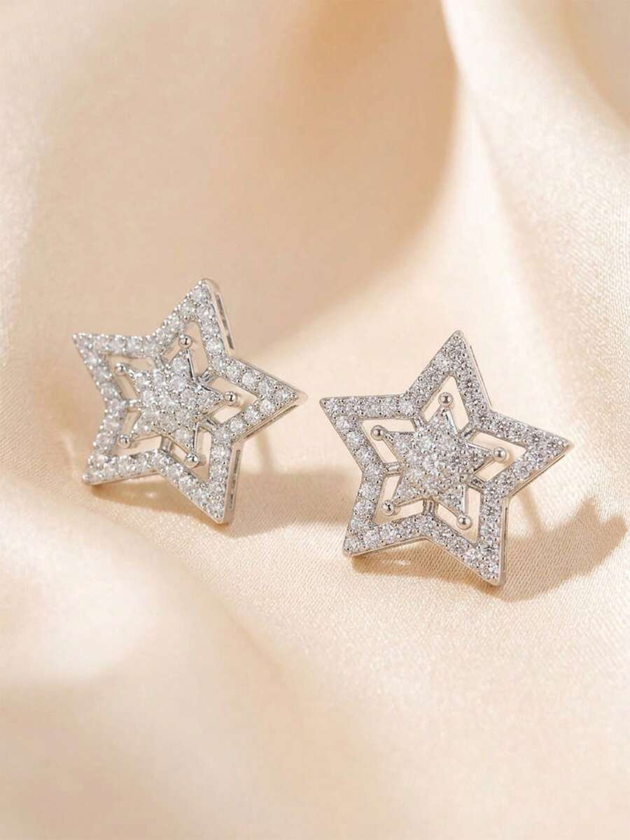 rakol 1雙魅力四射銅方晶鋯石星形裝飾耳釘適合女士日常裝飾